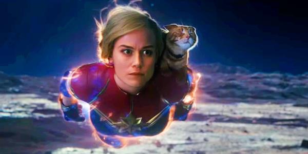 Captain Marvel Flying With Goose the Cat on her shoulder in The Marvels